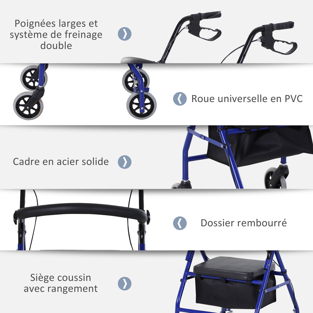 Déambulateur 4 roues - déambulateur pliable léger - assise + dossier rembourré - poignées ergonomiques, freins à main - panier rangement - métal bleu-6