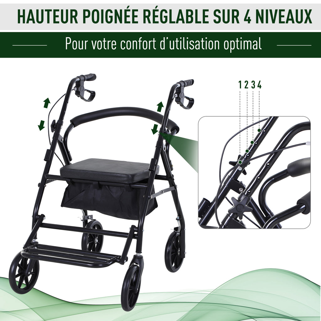 Déambulateur 4 roues - déambulateur pliable léger - assise + dossier rembourré - poignées ergonomiques, freins à main - panier rangement - cale-pied - métal noir-3