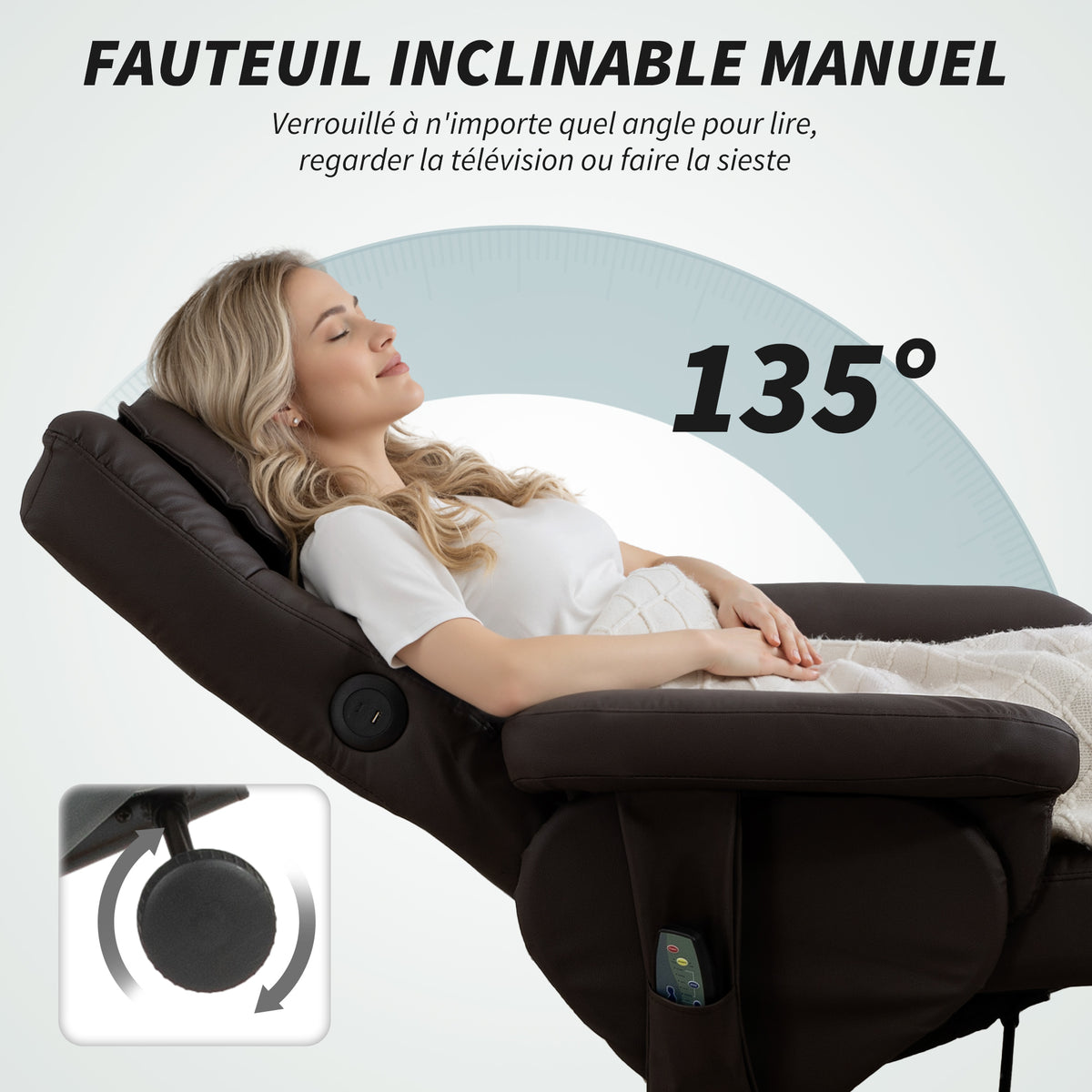 Fauteuil massant avec repose-pied, dossier inclinable jusqu'à 135°, coffre de rangement, télécommande-4