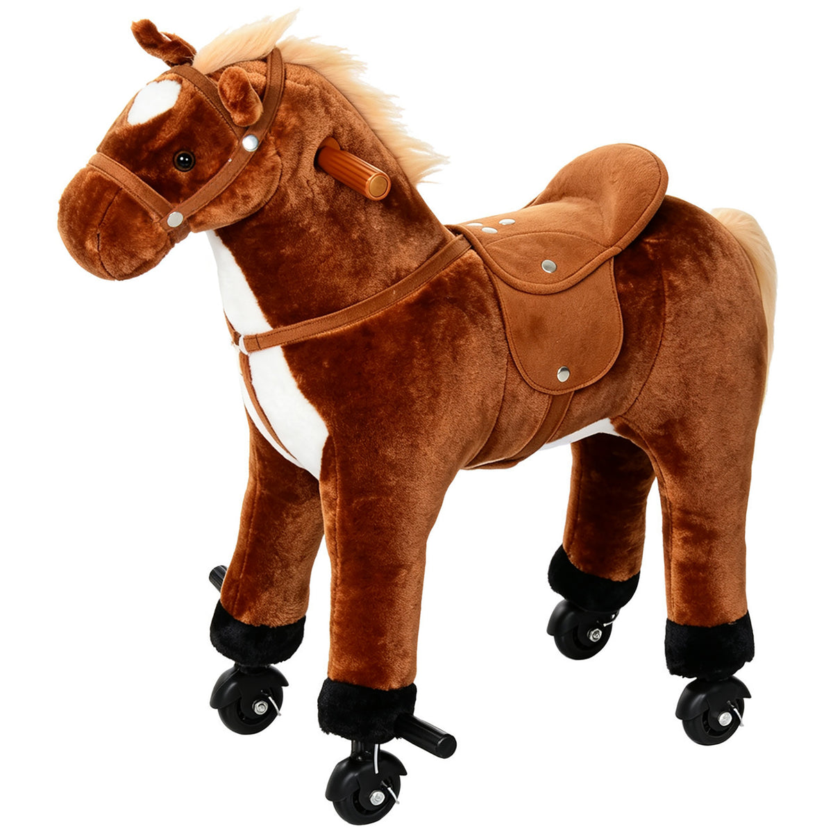 Cheval à Monter pour Enfant, Cheval à Roulettes en Peluche, Sons Réalistes, Poignée, 75 cm de Haut, Marron-0