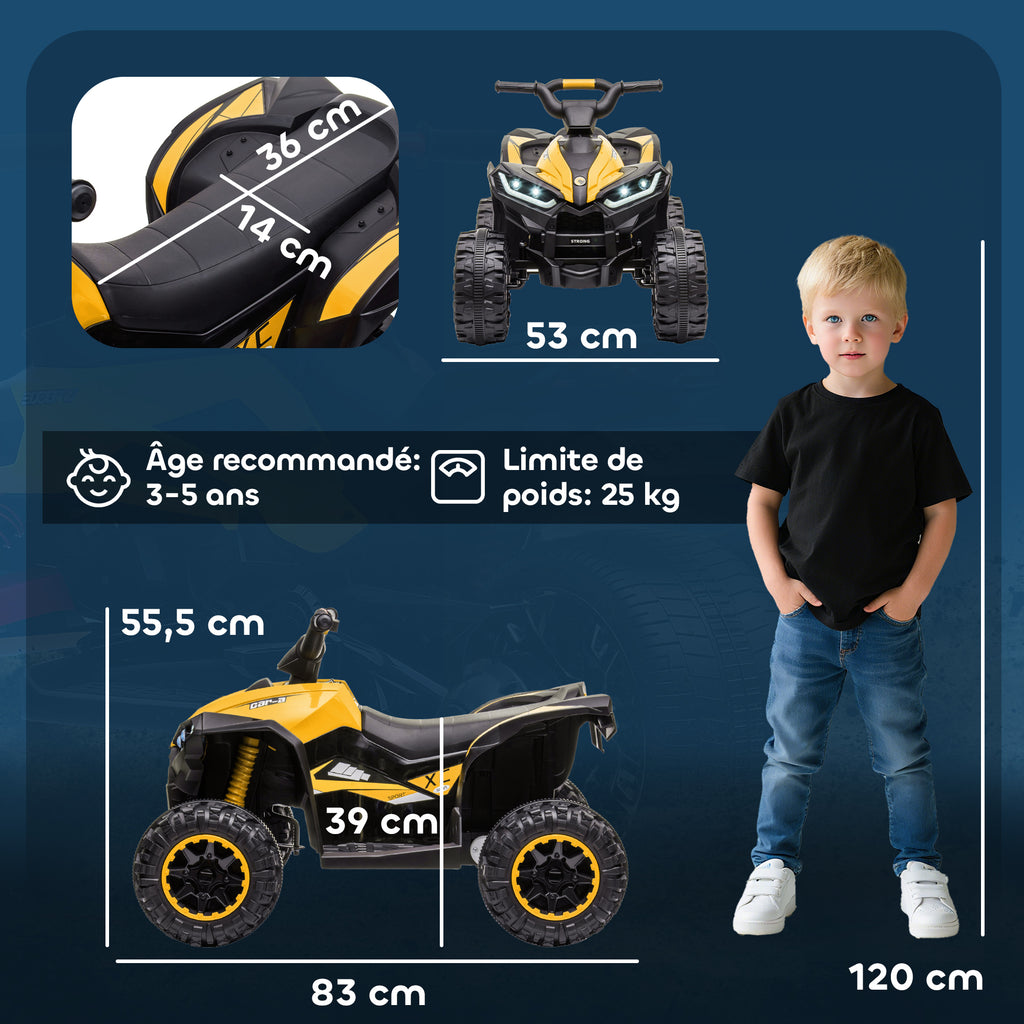 Quad électrique enfant 12 V, voiture électrique enfants 2 moteurs 2 vitesses 3-6 km/h, phares LED, klaxon, pour enfant de 3 à 5 ans, poignée et selle ergonomique, jaune-2