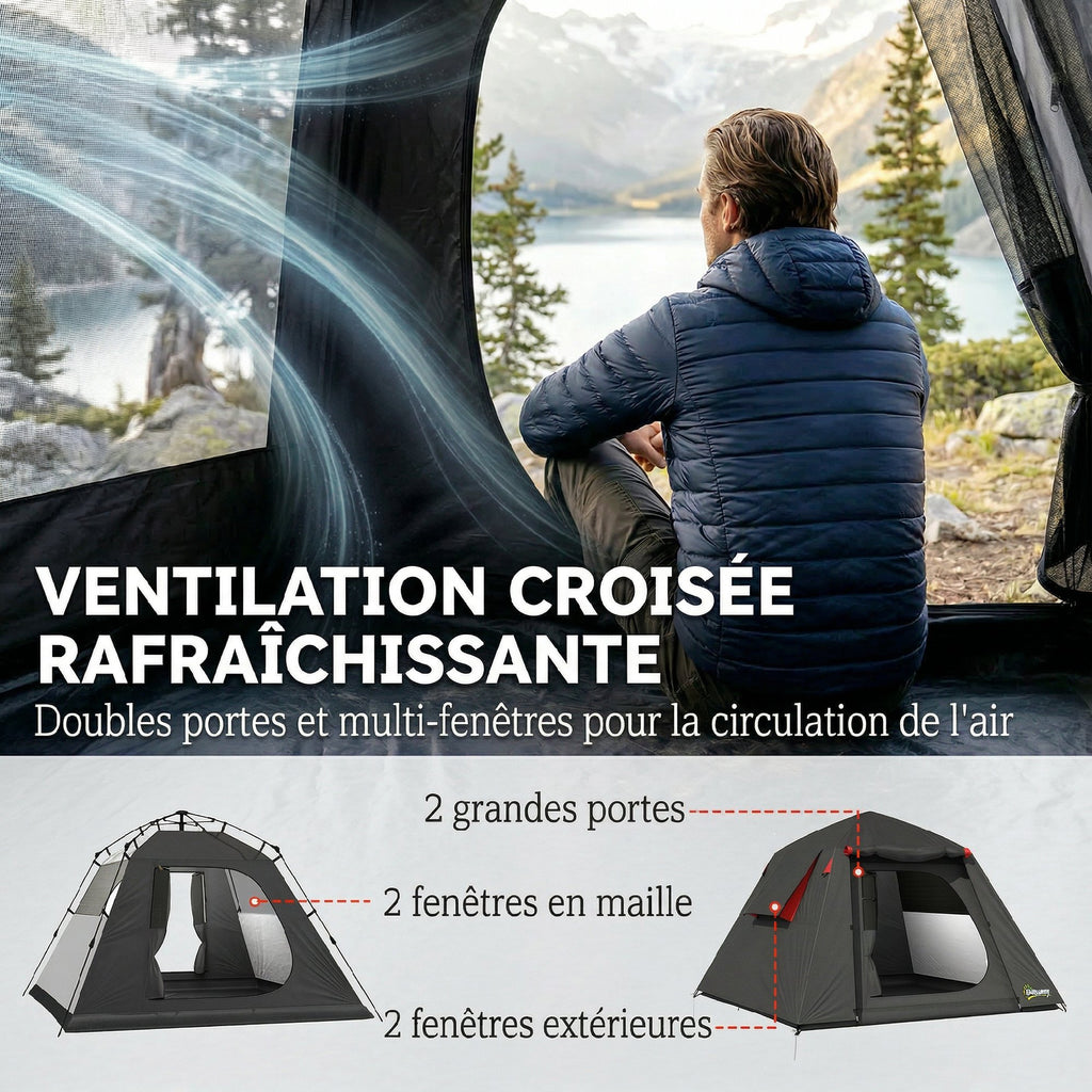 Tente de Camping Dôme 2 Personnes 3-4 Saisons Imperméable 3000mm Montage Facile 2 Portes 210x210x150cm Gris Foncé-5