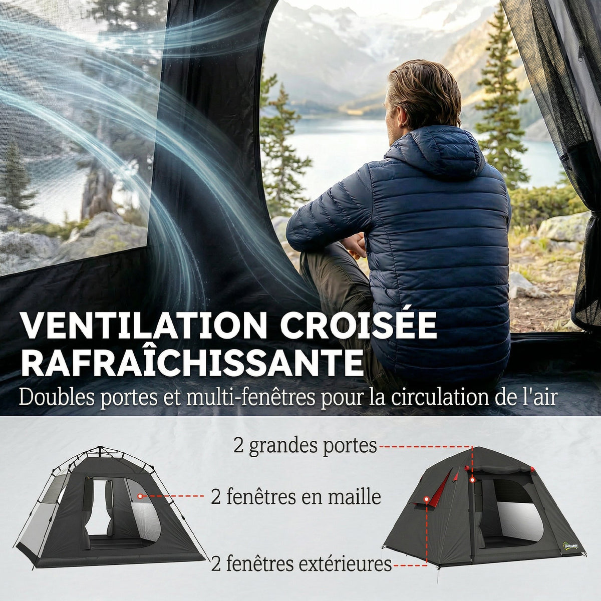 Tente de Camping Dôme 2 Personnes 3-4 Saisons Imperméable 3000mm Montage Facile 2 Portes 210x210x150cm Gris Foncé-5
