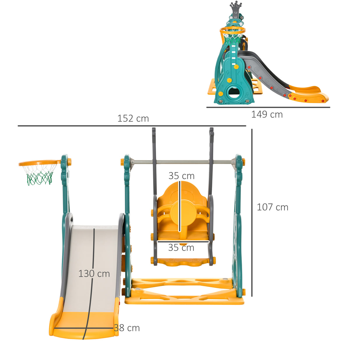 Toboggan et balançoire pour enfants 4 en 1 avec panier de basket, siège réglable, 152x149x107cm, bleu et jaune-2