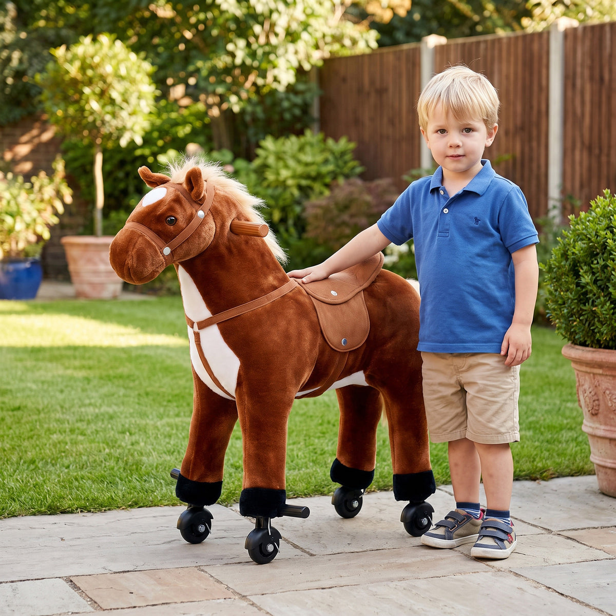 Cheval à Monter pour Enfant, Cheval à Roulettes en Peluche, Sons Réalistes, Poignée, 75 cm de Haut, Marron-8