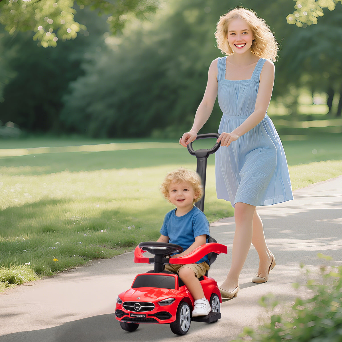 Porteur enfants Mercedes-Benz sous licence, porteur voiture à pousser avec poignée amovible, 91 x 40 x 83 cm, rouge-1