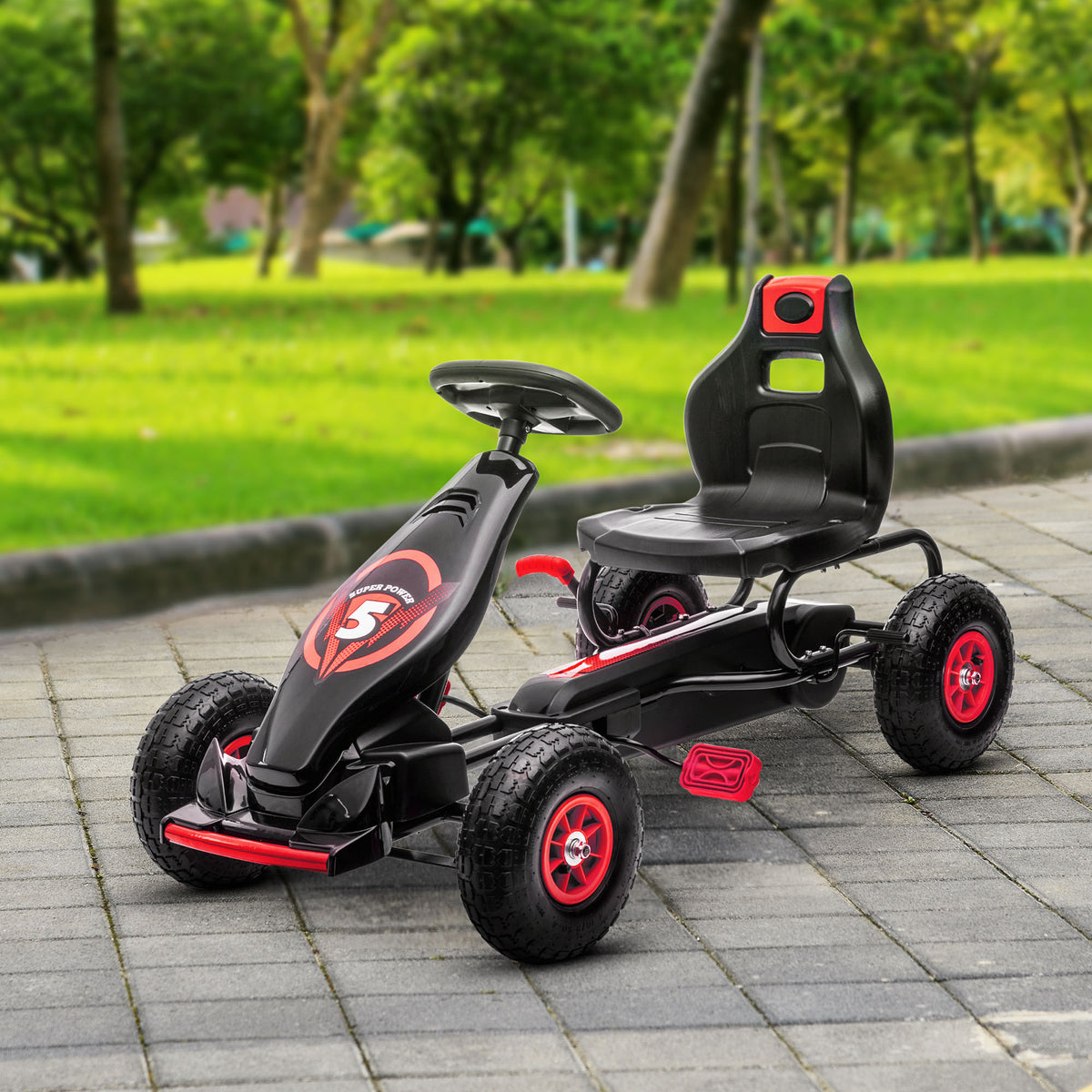Kart à pédales pour enfant siège réglable 3 positions frein à main enfant de 5 à 12 ans rouge noir-9
