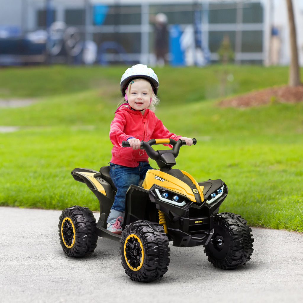 Quad électrique enfant 12 V, voiture électrique enfants 2 moteurs 2 vitesses 3-6 km/h, phares LED, klaxon, pour enfant de 3 à 5 ans, poignée et selle ergonomique, jaune-1
