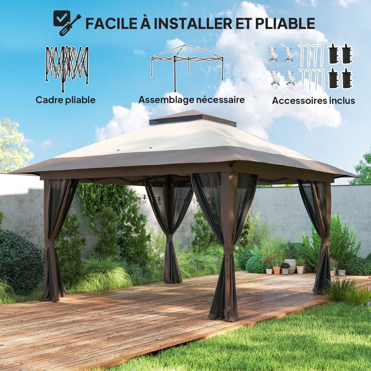 Tonnelle barnum de jardin pop-up pliant double toit protection UV 50+ avec 4 moustiquaires zippées 4 x 4 m beige-4