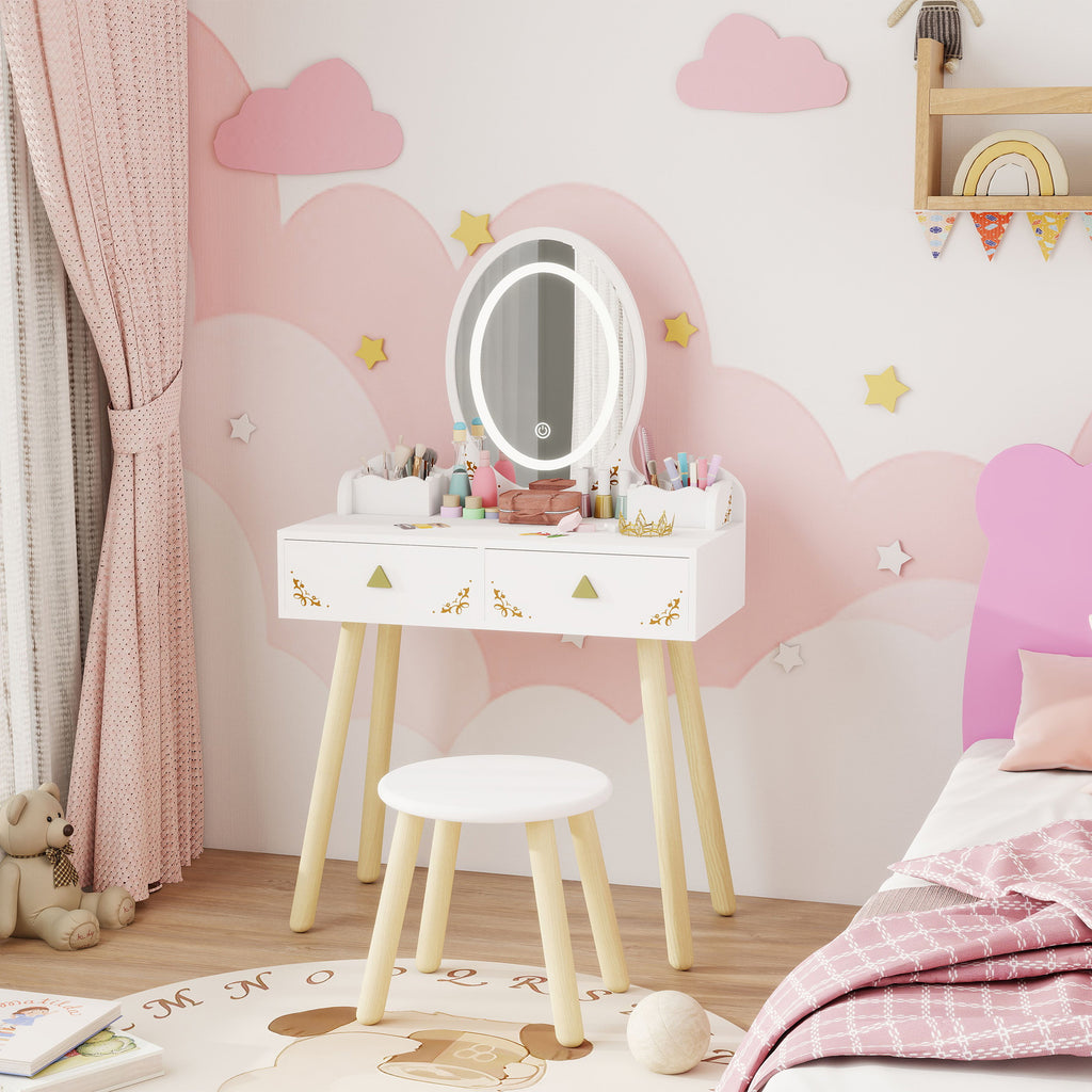 Coiffeuse pour enfant 2 en 1 bureau enfant fille avec miroir à LED 3 couleurs et tabouret 60x30x99,3 cm blanc-9