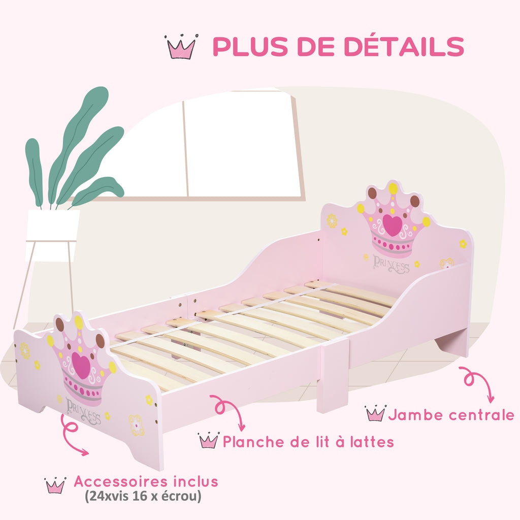 Lit Enfant et Ensemble table et chaises enfant - Design Princesse Motif Couronne - sommier à Lattes Inclus - Rose-3