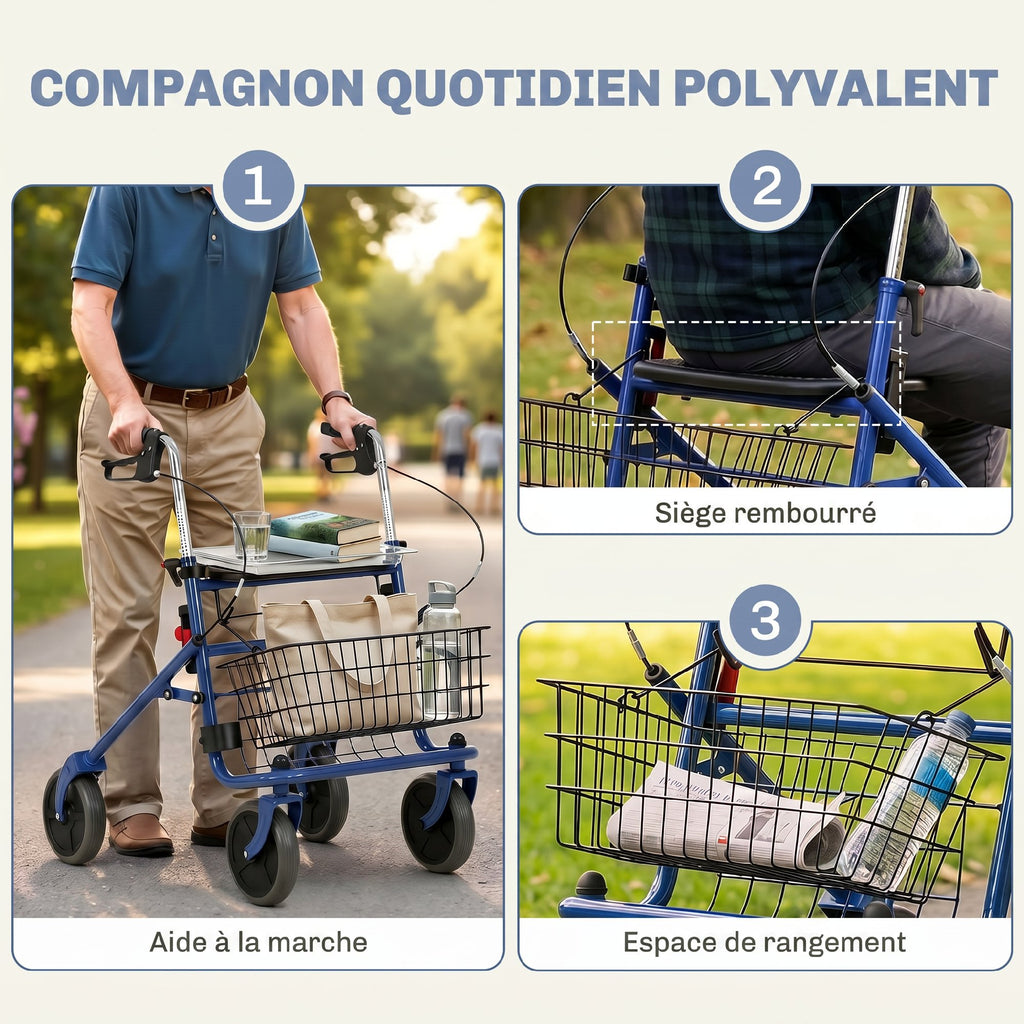 Déambulateur 4 roues pliable, rollator en acier inoxydable, siège rembourré en PU, poignée réglable, bleu-3