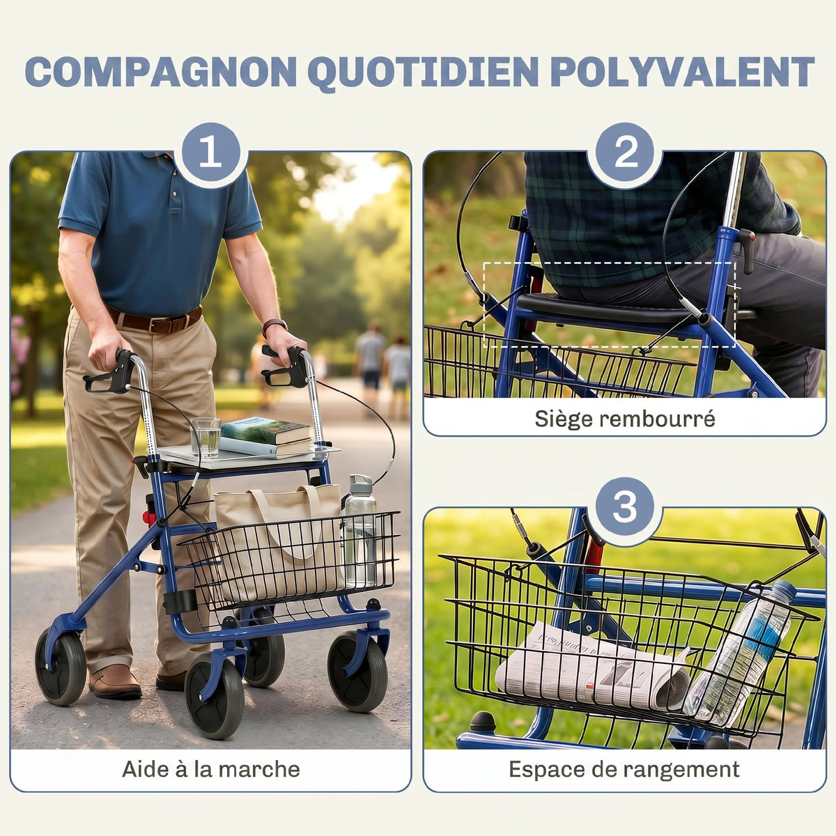 Déambulateur 4 roues pliable, rollator en acier inoxydable, siège rembourré en PU, poignée réglable, bleu-3