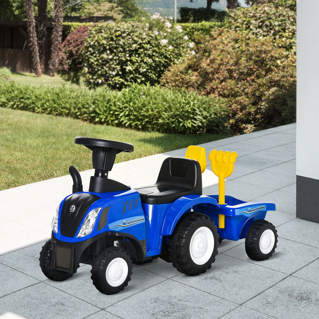 Porteur tracteur enfants avec coffre amovible, râteau et pelle, voiture enfants avec lumière LED et klaxon, bleu-1