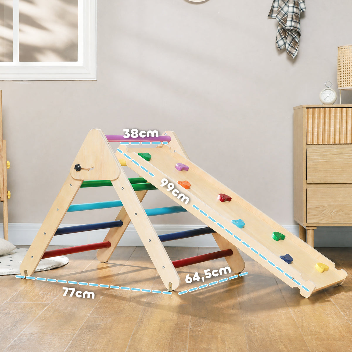 Triangle escalade enfants 3 en 1, rampe double-face pour grimper et glisser, charge 50 kg, 147x64,5x63cm, multicolore-2