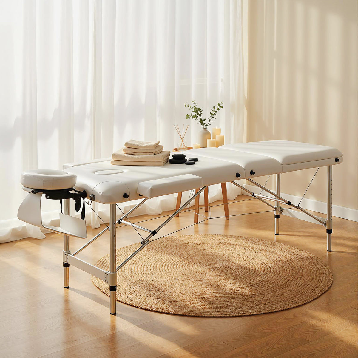 Table de massage 3 zones pliante cosmétique portable charge max. 225 Kg hauteur réglable cadre en alliage blanc-9