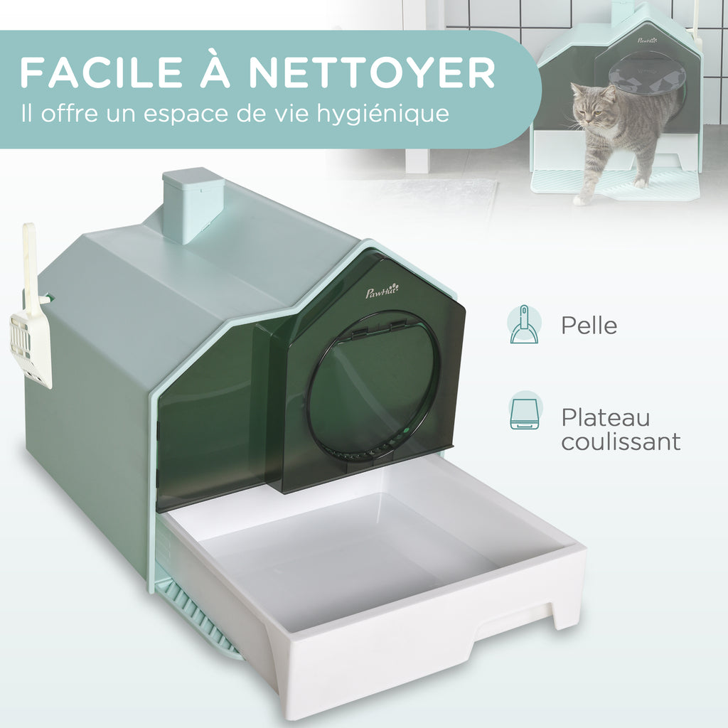 Maison de toilette bac à litière pour chat design maisonnette avec pelle, filtre et tapis dim. 47L x 45l x 42H cm bleu-4