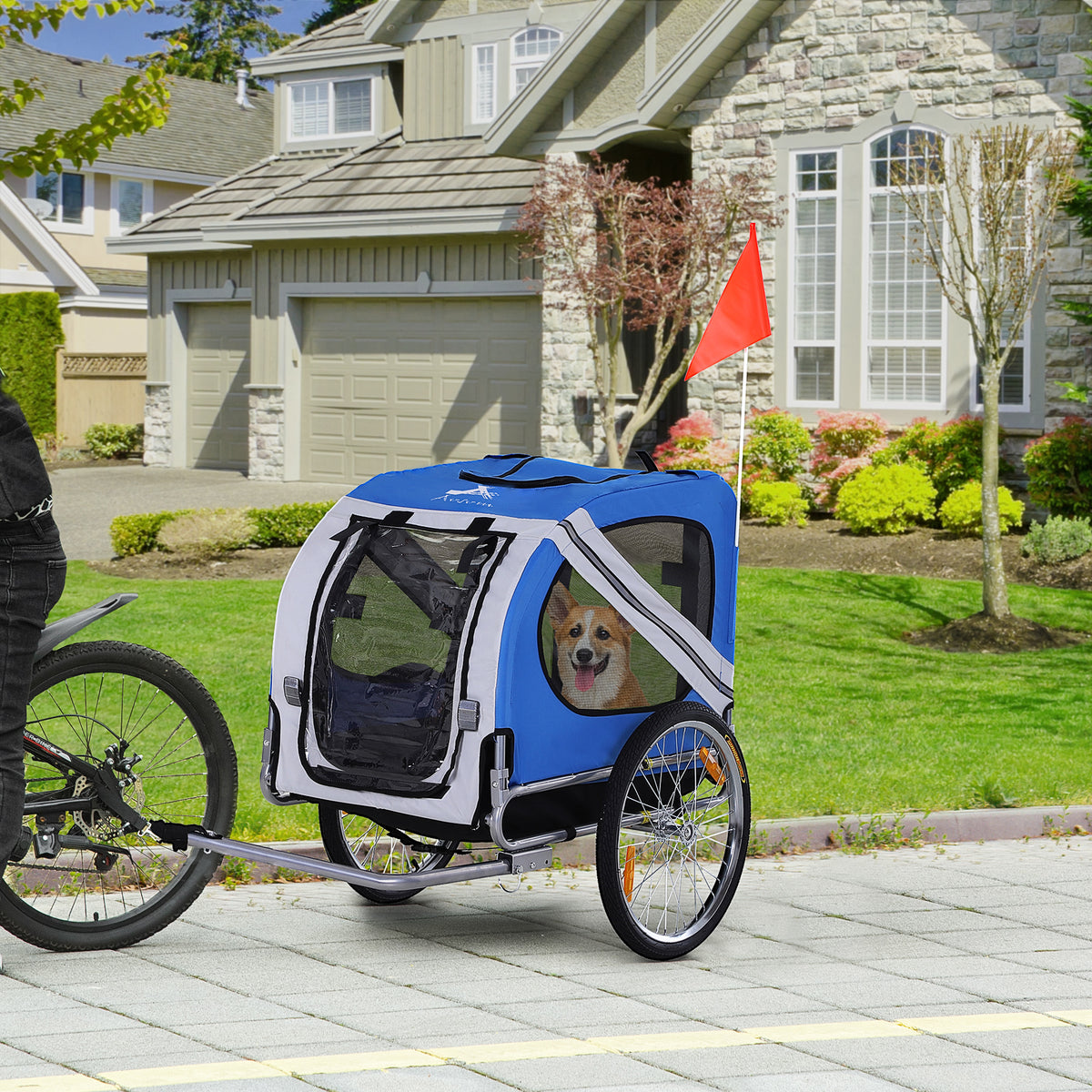 Remorque vélo pour chien animaux 8 réflecteurs drapeau barre attelage inclus 130 x 73 x 90 cm blanc et bleu-9