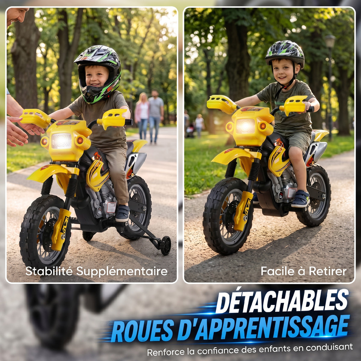 Moto électrique enfants, moto cross pour enfants avec batterie 6 V, phares, musiques et roues d'entraînement, 3 à 6 ans, charge 25KG, jaune et noir-5