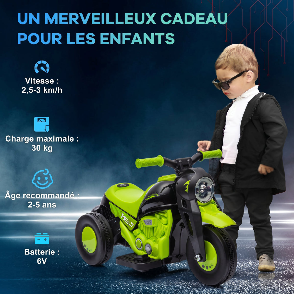 Moto électrique enfants 2-5 ans, 3 roues, 6 V, 3 km/h, avec fonction de bulles, effets lumineux et sonores, vert-6