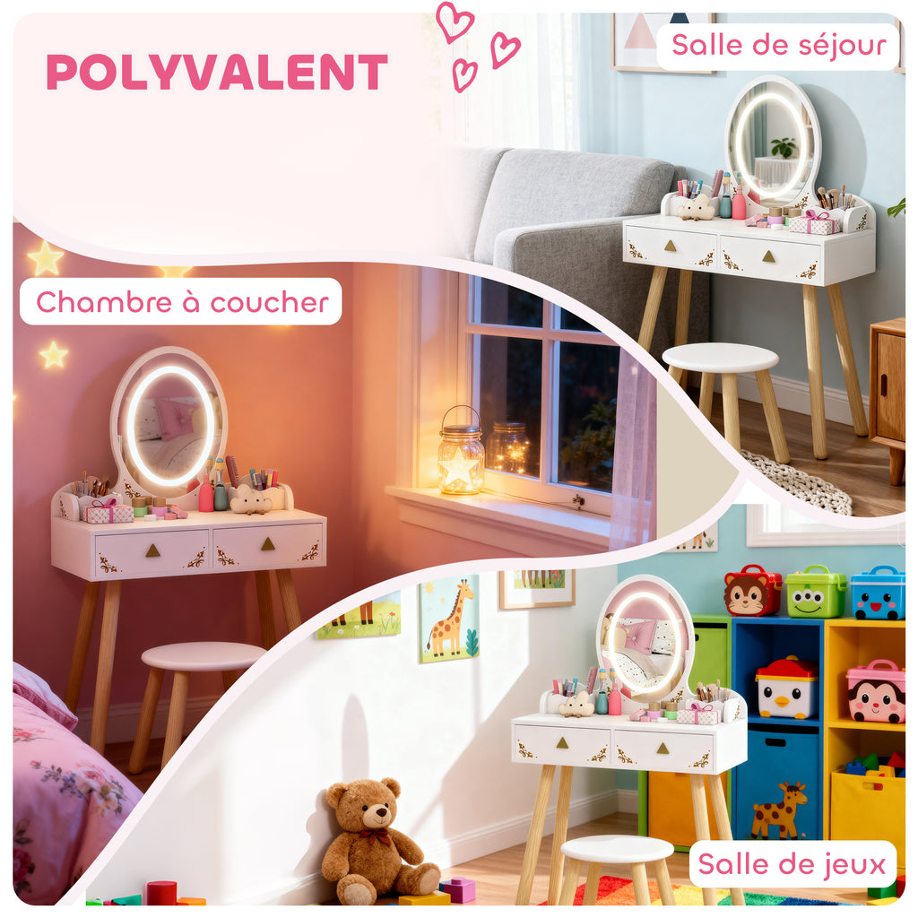 Coiffeuse pour enfant 2 en 1 bureau enfant fille avec miroir à LED 3 couleurs et tabouret 60x30x99,3 cm blanc-7