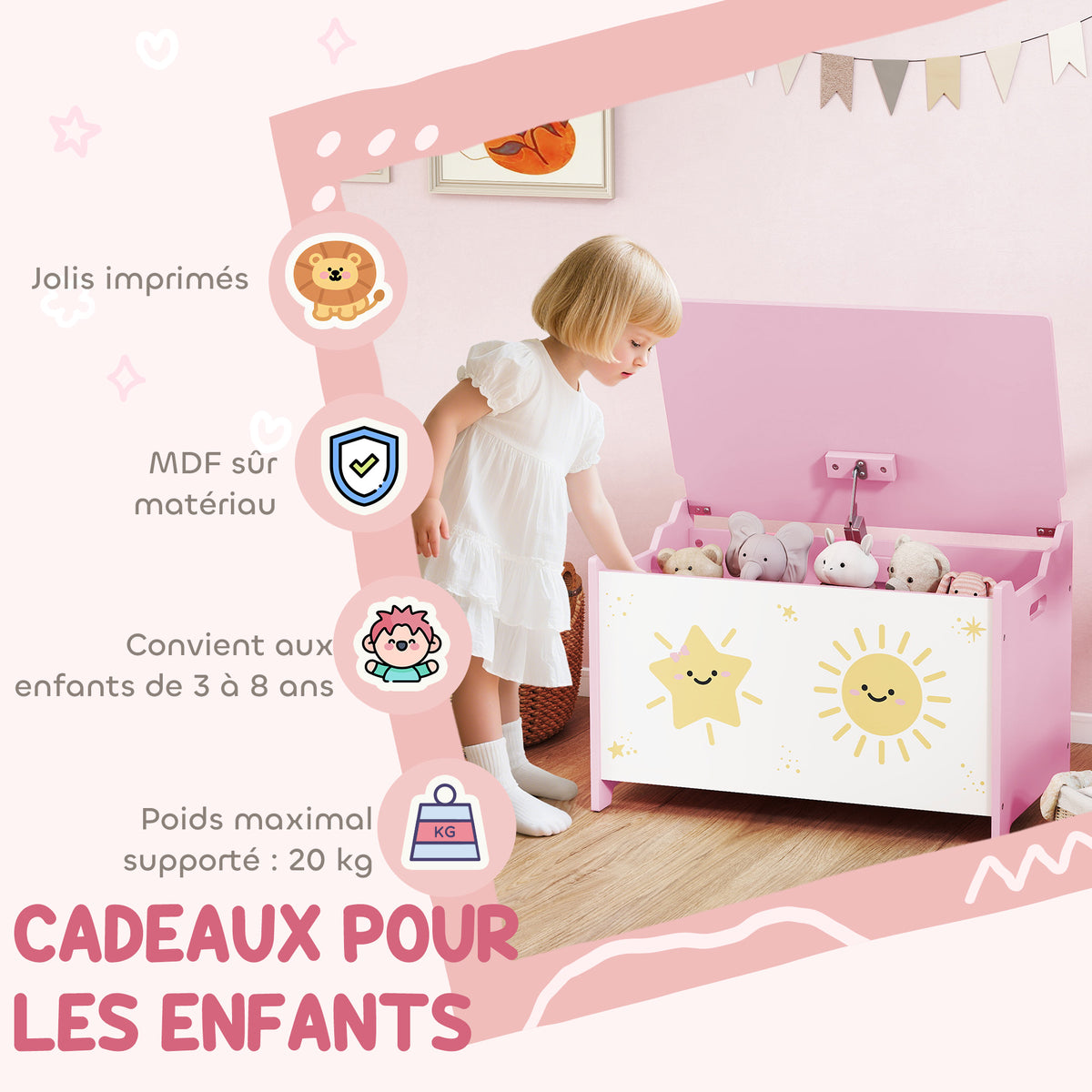 Coffre à jouets avec couvercle, coffre de rangement enfant avec charnières de sécurité, 60 x 37 x 39 cm, rose-6