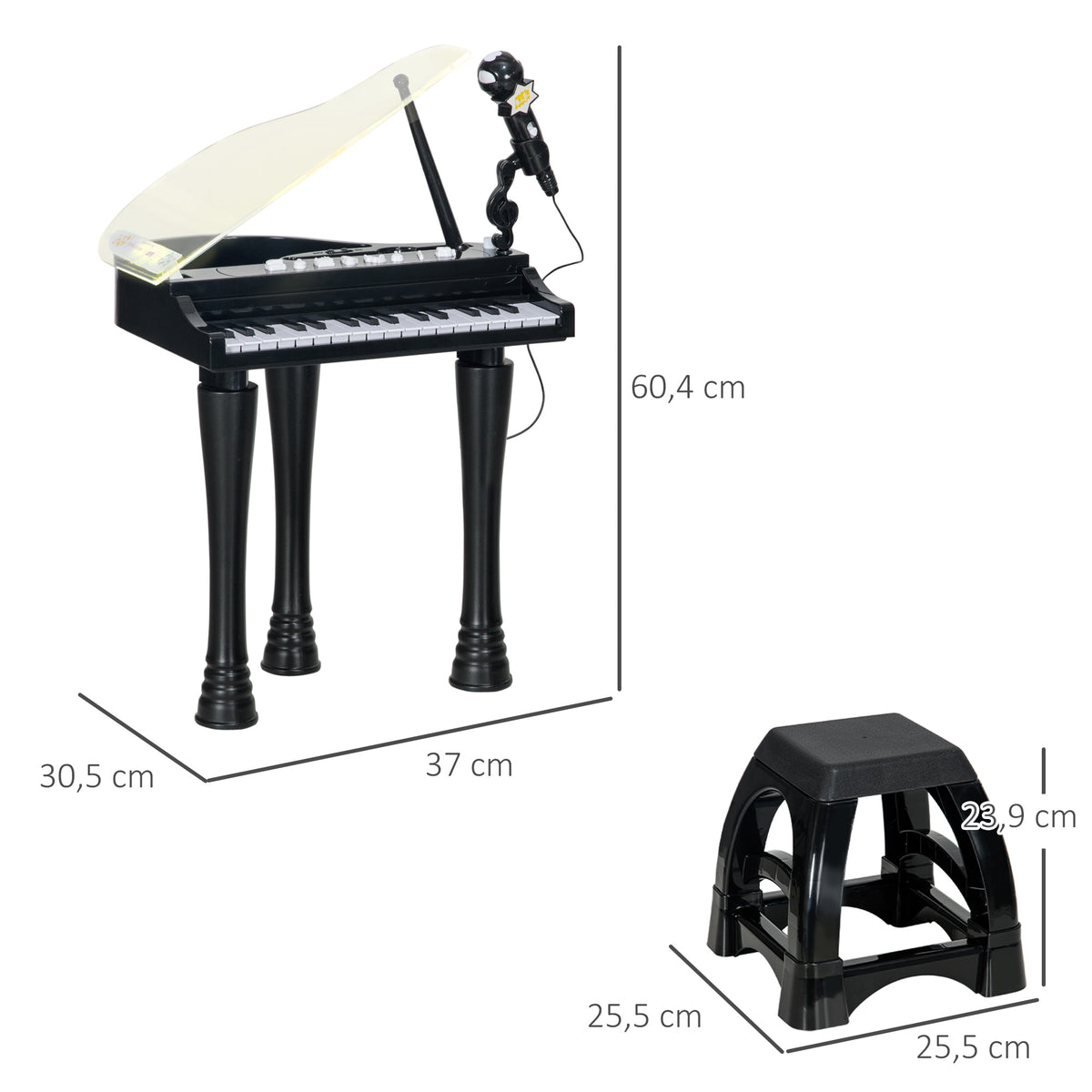 Piano enfant électronique 32 touches multifonctions avec micro haut parleur tabouret couvercle lumineux LED noir-2