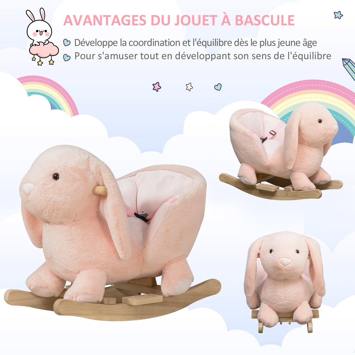 Cheval à Bascule Jouet à Bascule Lapin pour Enfants 18-36 Mois Fauteuil intégré Ceinture de sécurité Fonction sonore clapissement Rose-3