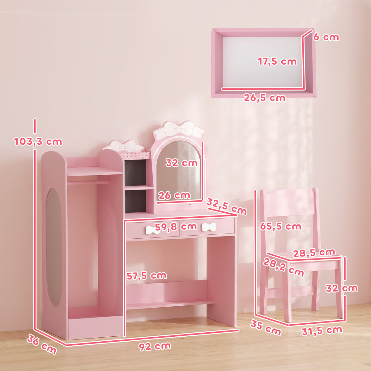 Coiffeuse pour Enfants avec Tabouret et Miroir Lumineux à 2 Couleurs en Acrylique, Coiffeuse Bureau Fille 3-8 Ans, Rose-2