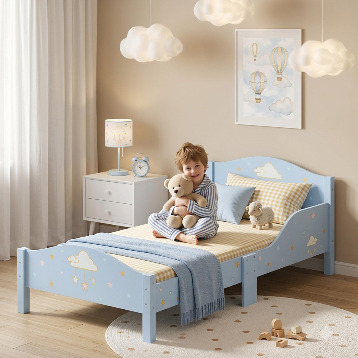 Lit Enfant 70 x 140 cm, Lit pour Enfant avec Barrière de Sécurité et Sommier à Lattes en Bois, Motif Nuage, Bleu-8