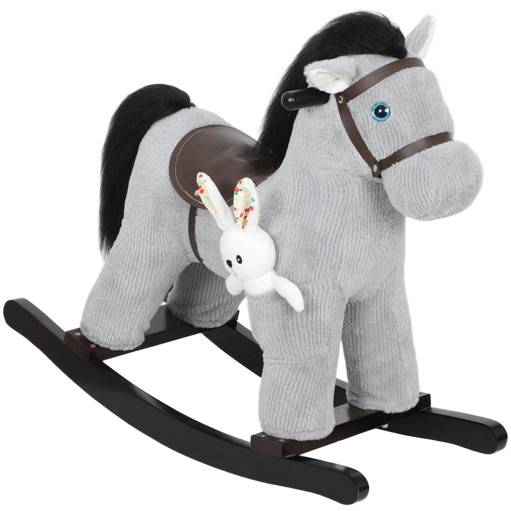 Cheval à bascule pour enfants, jouet à bascule bébé en peluche avec eouetffet sonore et poupée, 65 x 26 x 55 cm, gris-0