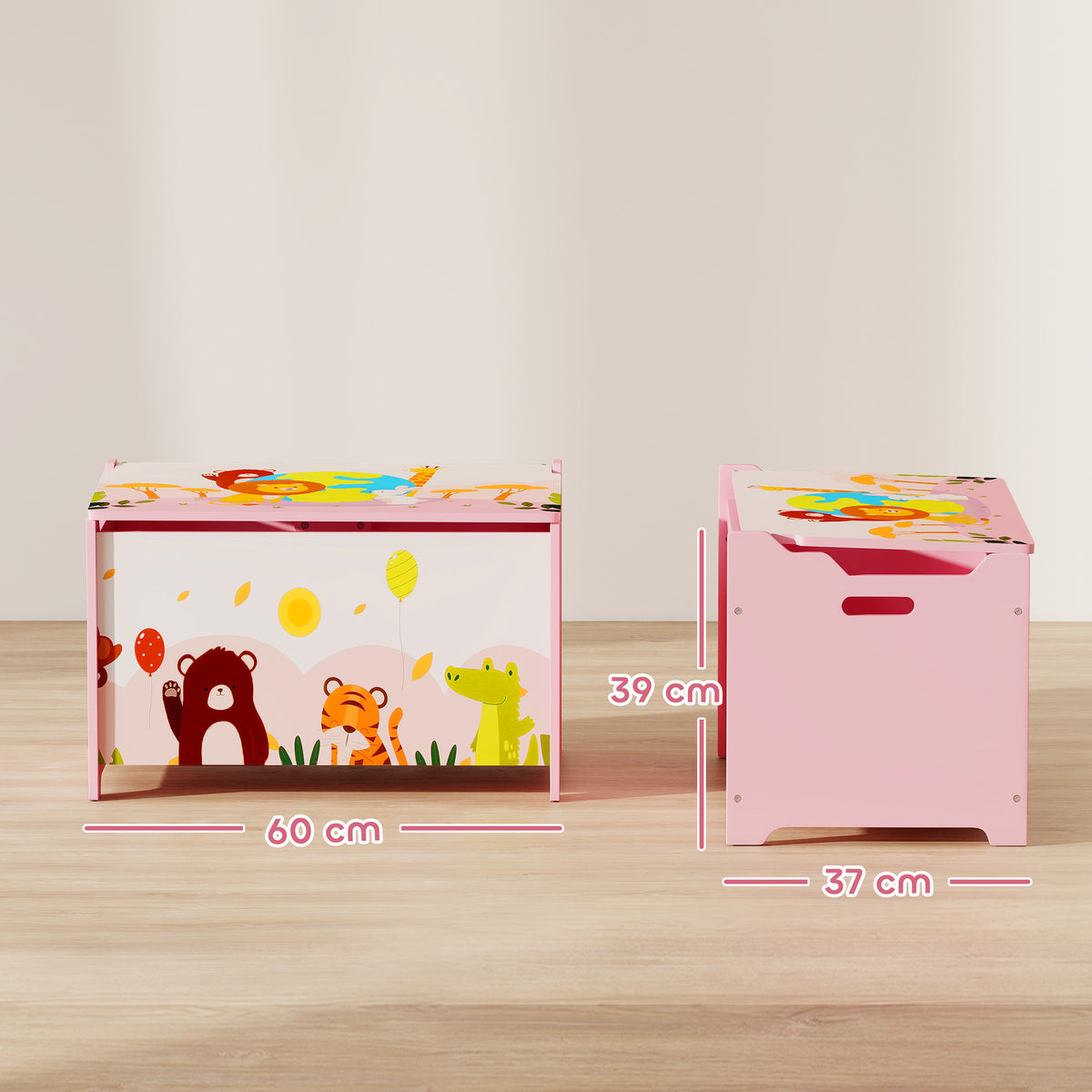 Coffre à jouet enfant coffre de rangement enfant couvercle rabattable motif animal 60 x 37 x 39 cm rose-2