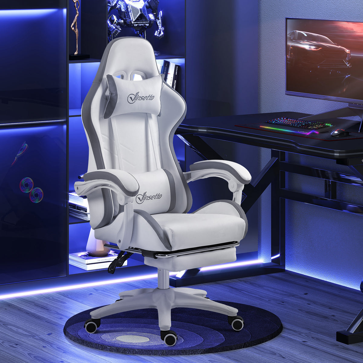 Chaise gaming fauteuil gaming ergonomique avec dossier inclinable à 135° et soutien lombaire, 65 x 65 x 121-129 cm blanc-1