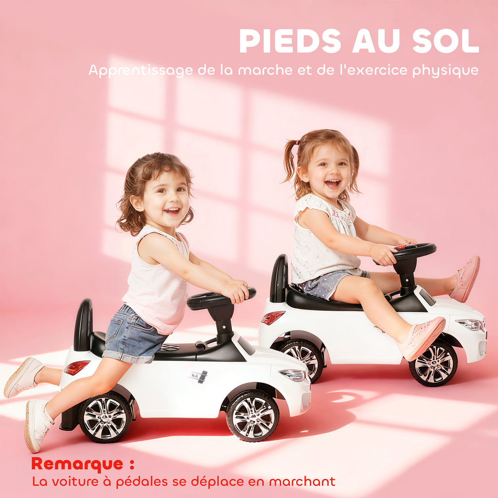 Porteur enfants voiture, véhicule à pousser avec coffre à jouets, klaxon, phares et musique, 63,5 x 28 x 36 cm, blanc-7