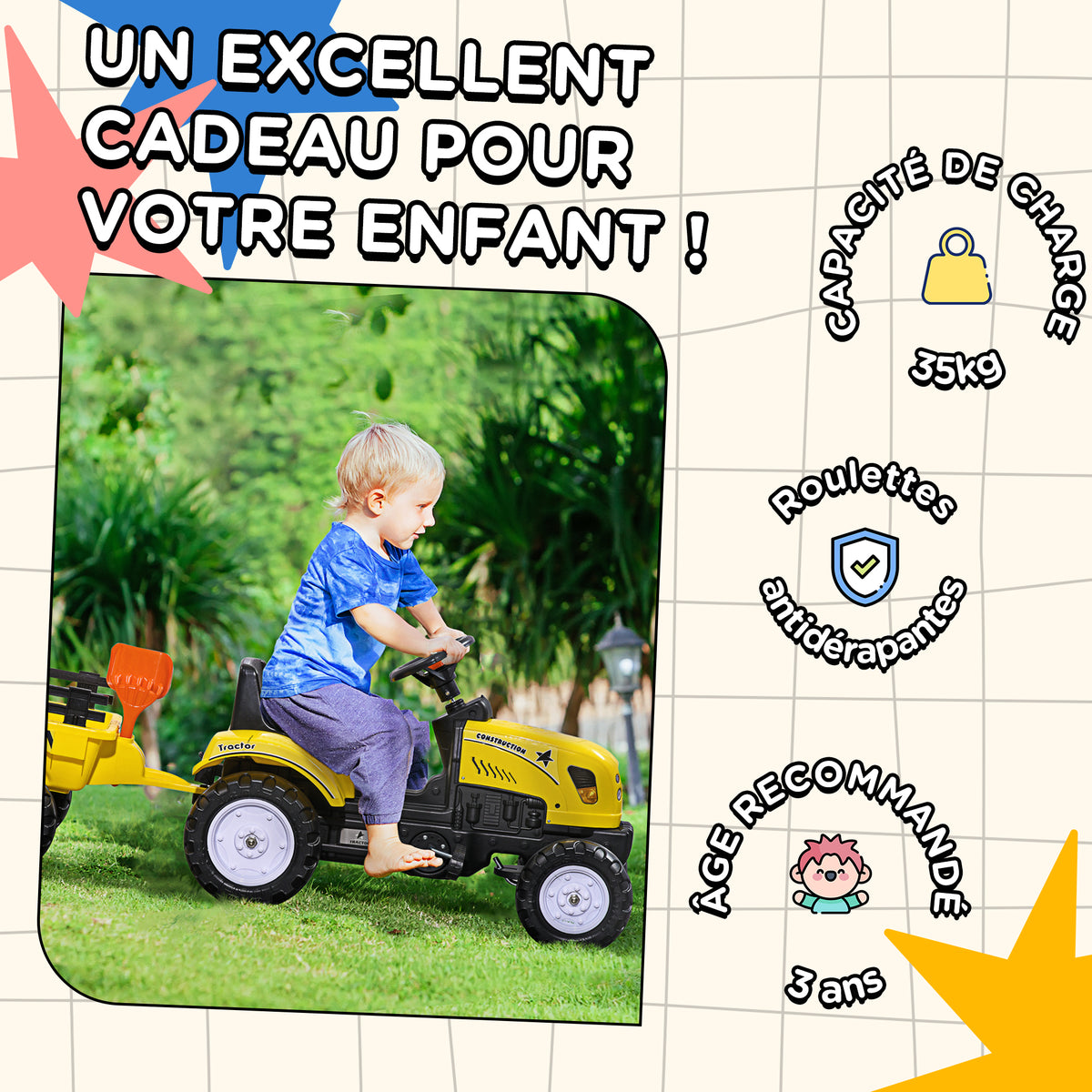 Porteur tracteur enfants avec remorque, râteau et pelle, tracteur à pédales 6 roues, charge 35 kg, pour 3+ ans, jaune-6