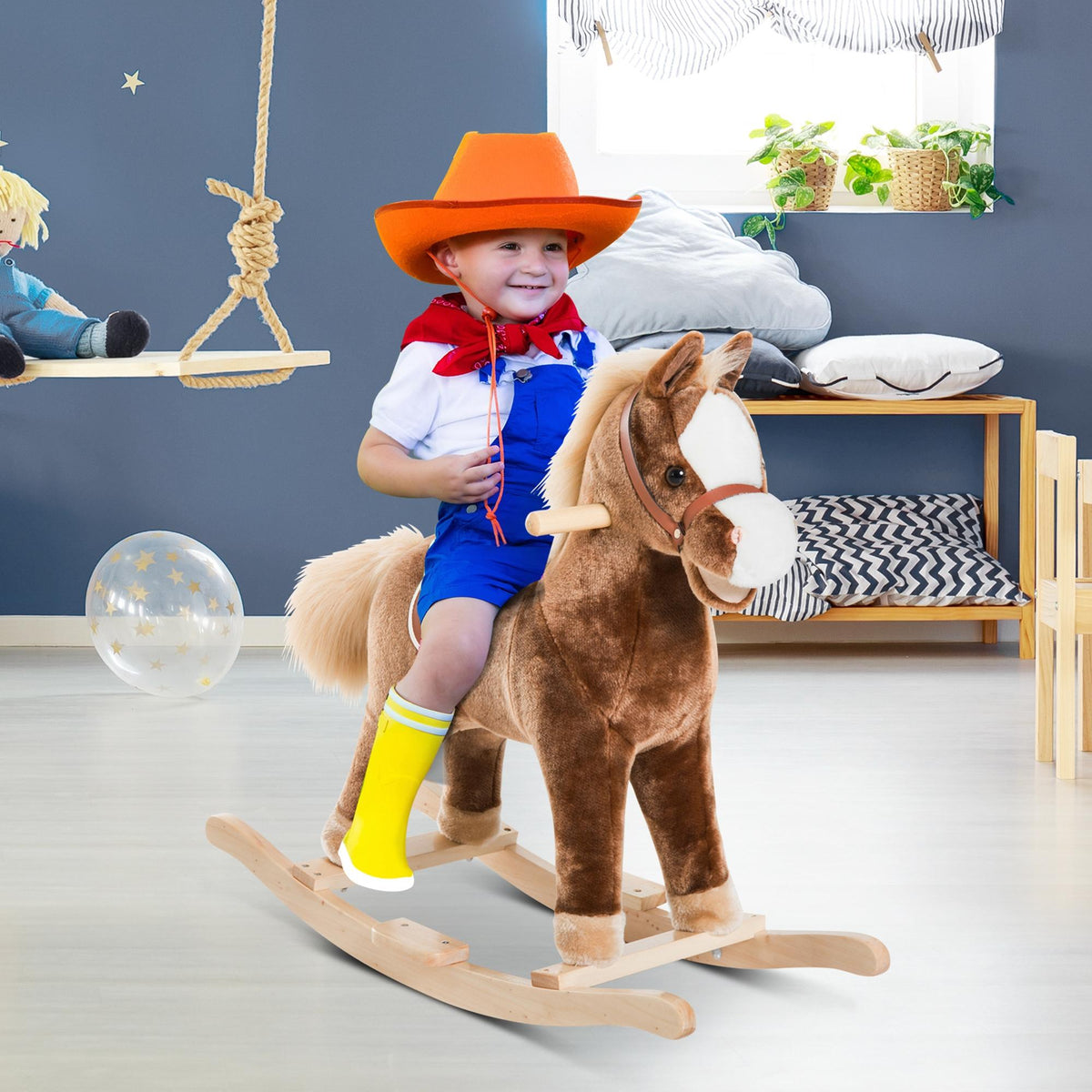 Cheval à Bascule Cheval de Cowboy Selle Grand Confort pour Enfants de 36+Mois Peluche Courte Douce Bois peuplier Charge 40 Kg Brun Blanc-1