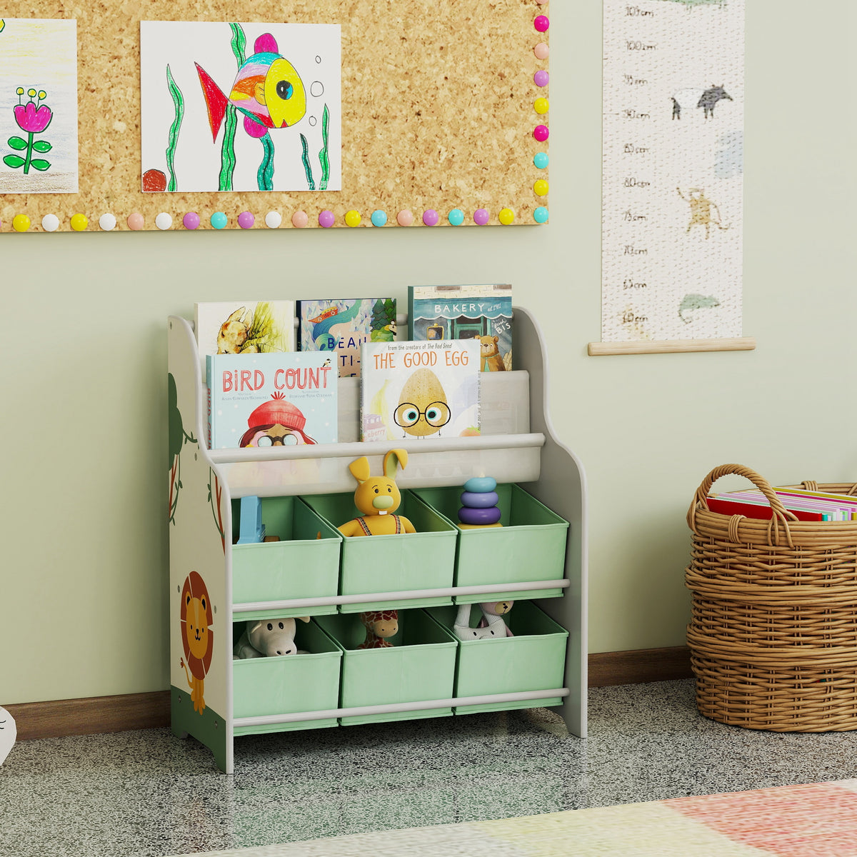 Meuble rangement enfant, rangement jouet enfant, 6 tiroirs en tissu et étagère à deux niveaux, 63x30x71cm, vert-7
