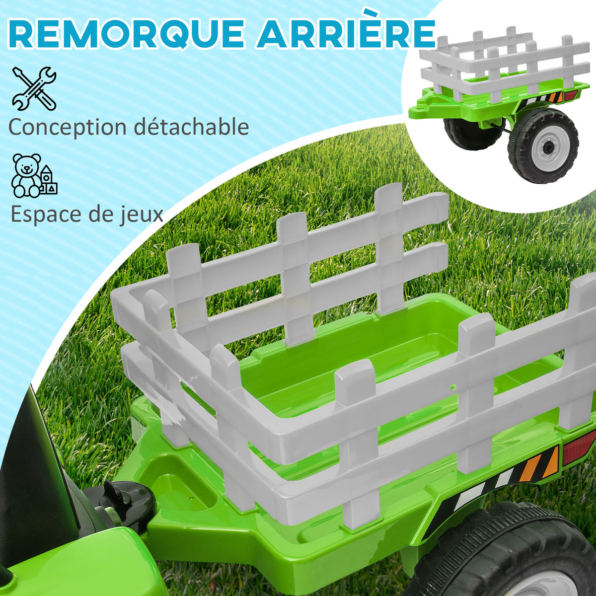 Tracteur électrique avec remorque amovible, pour enfants de 3 à 6 ans avec télécommande MP3 musique affichage lumières-3