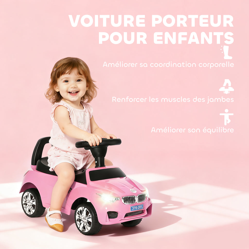 Porteur enfants voiture, véhicule à pousser avec coffre à jouets, klaxon, phares et musique, 63,5 x 28 x 36 cm, rose-3