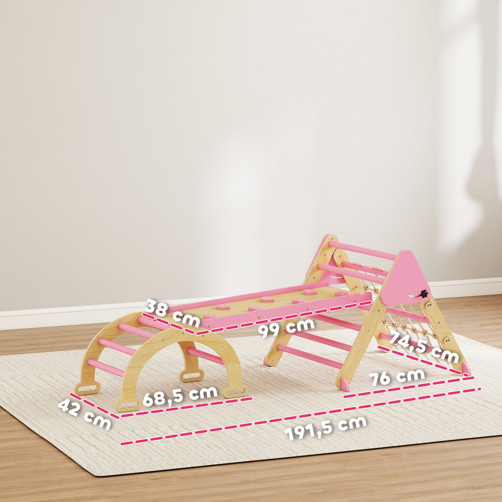 Triangle d'escalade enfants 8 en 1 avec rampe double face, arc d'escalade en bois avec toboggan & échelle, rose-2