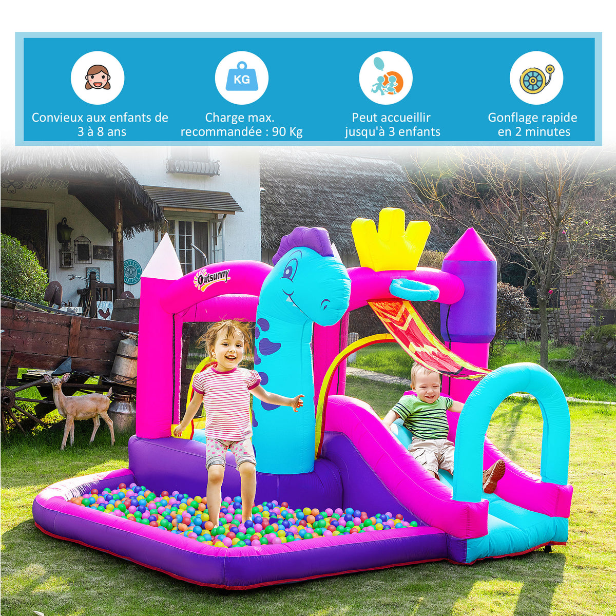 Château Gonflable avec Toboggan, Trampoline, Aire de Jeux Piscine et Panier Jusqu'à 3 Enfants +3 Ans gonfleur et Sac de Transport Souffleur 350W inclus dim. 300L x 270l x 200H cm Multicolore-4