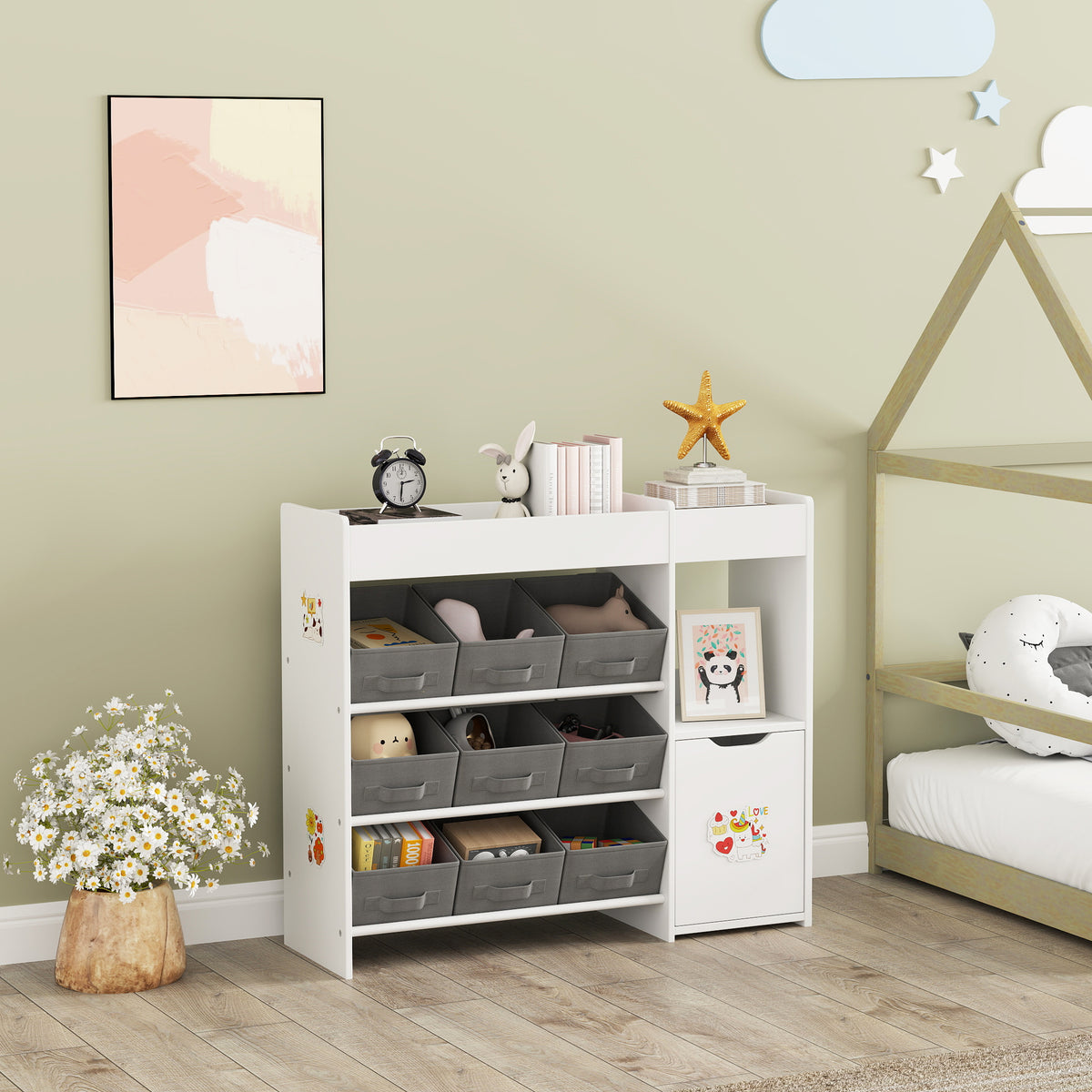Meuble rangement enfant étagère de rangement pour jouets enfants avec 9 tiroirs en tissu et placard, blanc-7