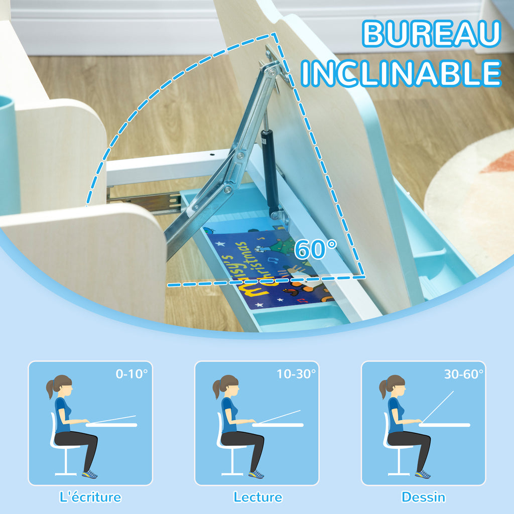 Ensemble bureau et chaise pour enfants hauteur réglable et plateau inclinable 0-60° table 80 x 52 x 88-109 cm bleu-4