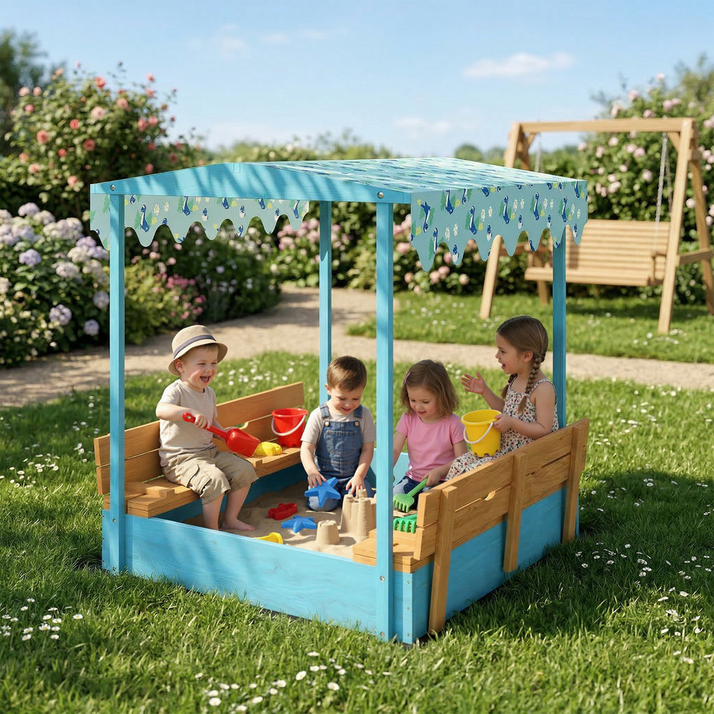 Bac à sable en bois avec couvercle, bac à sable enfant extérieur avec siège pliable toile imprimée flamants bleus-9