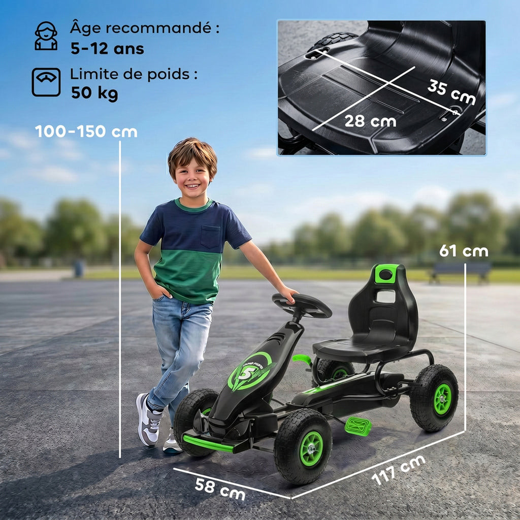 Kart à pédales pour enfant siège réglable 3 positions frein à main enfant de 5 à 12 ans vert noir-2