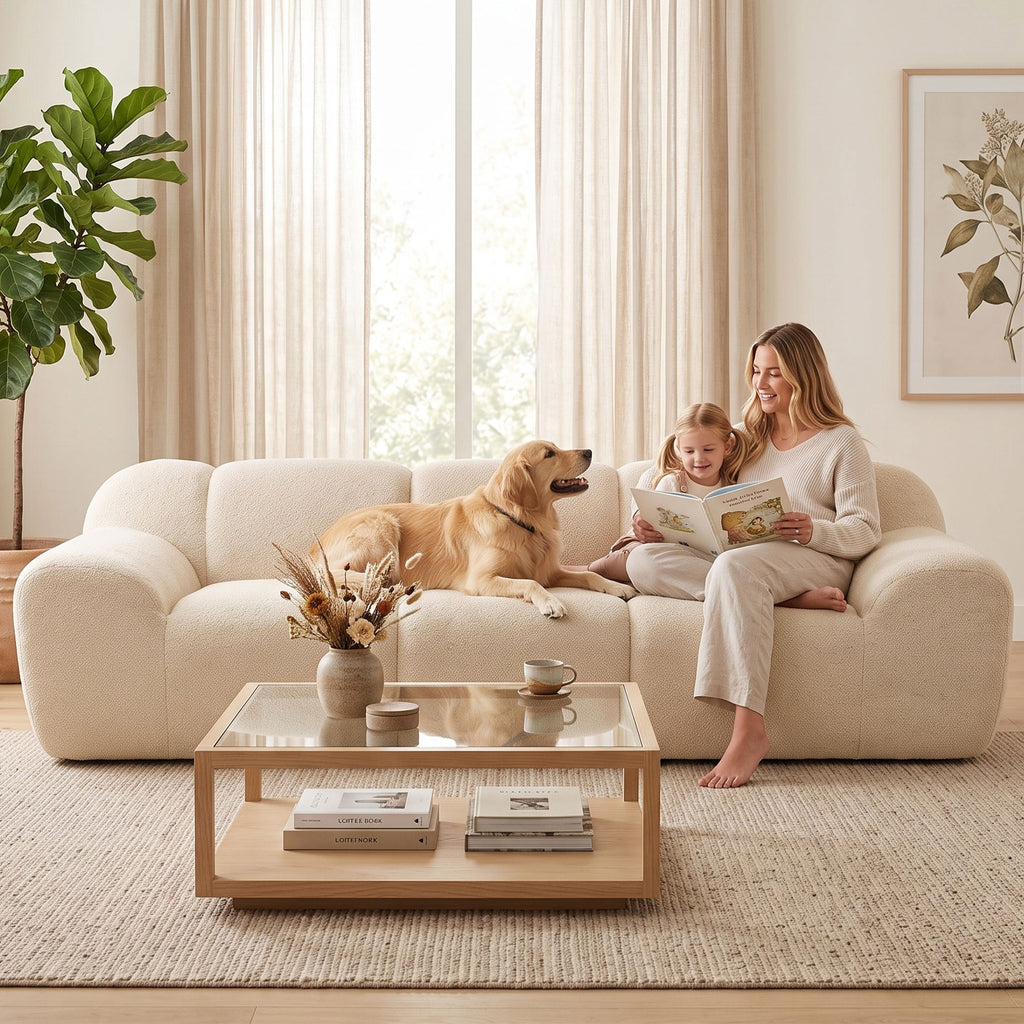 Canapé 3 Places 233 cm, Canapé Salon en Chenille Moderne avec Assise Profonde, Accoudoirs Larges, Beige-9