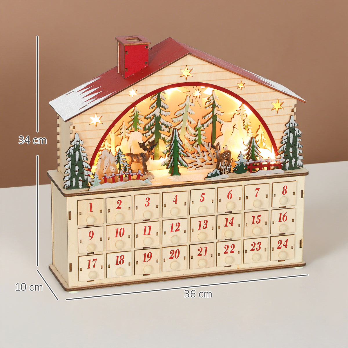 Calendrier de l'Avent lumineux, calendrier de l'Avent à remplir, 24 tiroirs, scène de village, 36x10x34cm, bois naturel-2