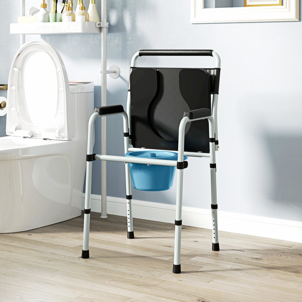 Chaise percée toilette pliable antidérapante hauteur réglable, siège et accoudoirs rembourrés, charge 150 kg, noir-8