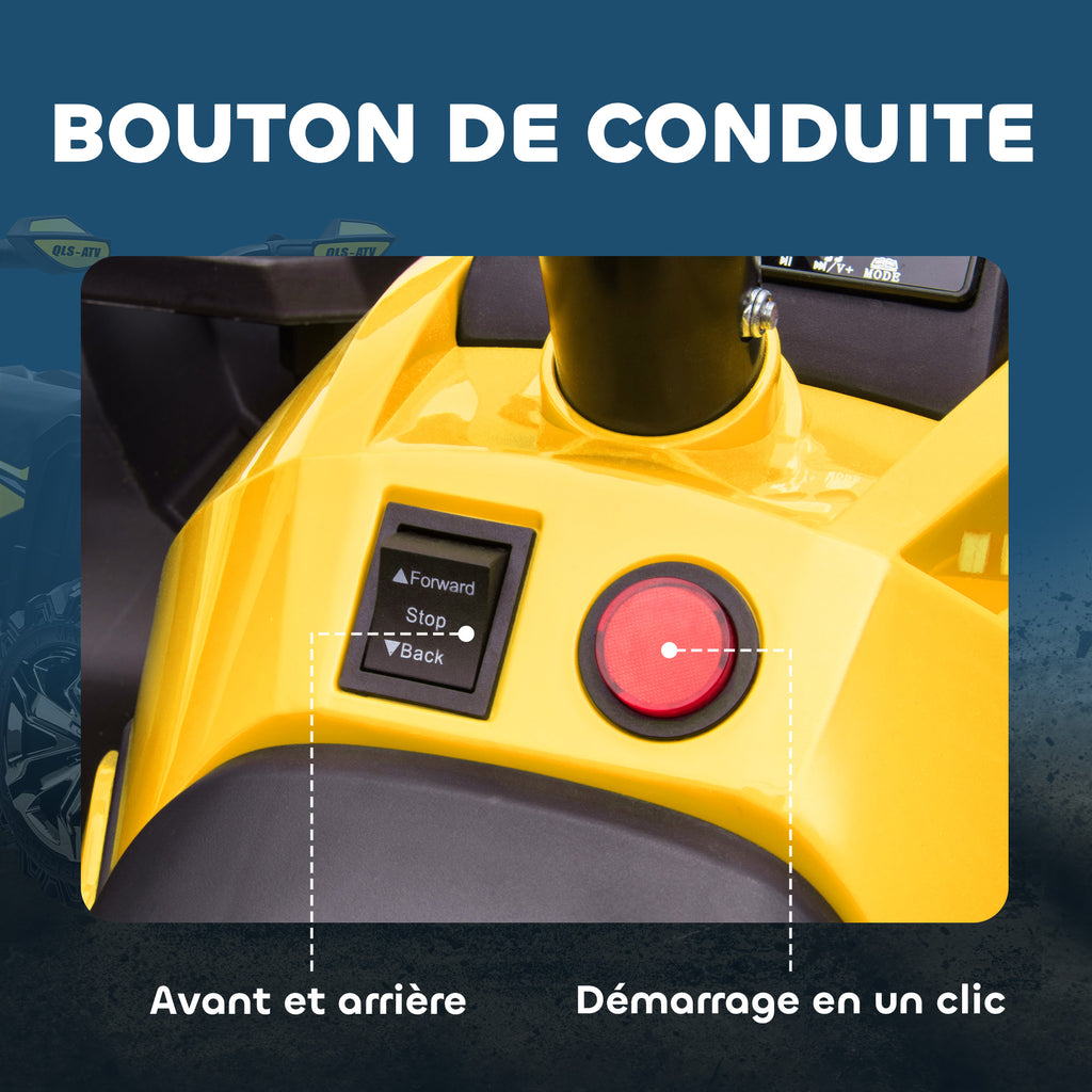 Quad Buggy électrique Enfant 12 V 8 Km/h Max. Voiture électrique Enfant avec Effets Lumineux sonores Selle avec Dossier Porte-Bagage Avant métal PP Jaune Noir-6