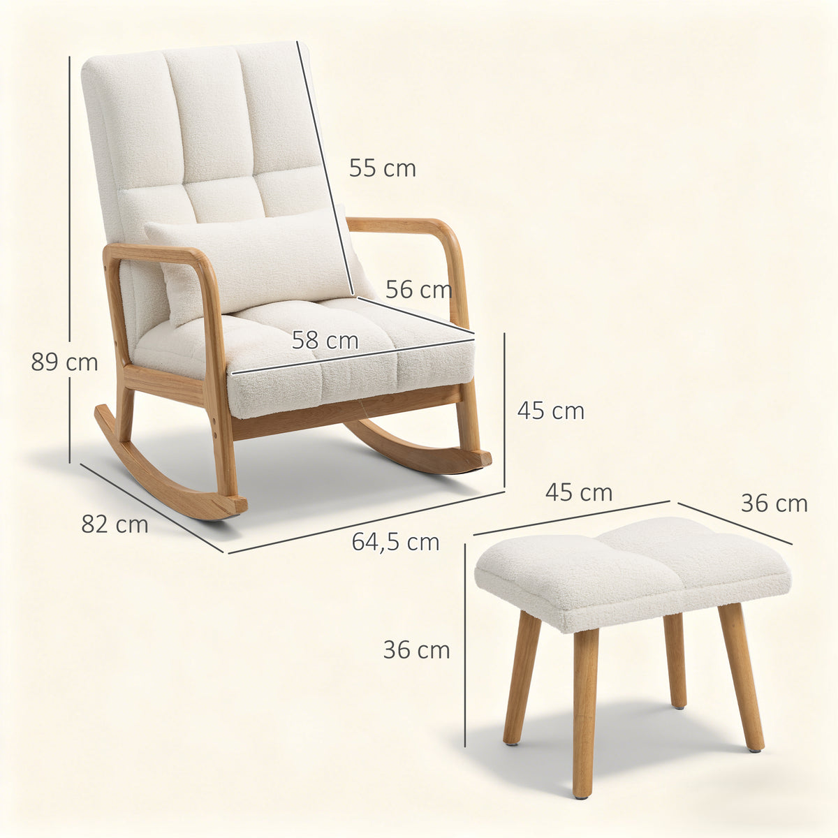 Fauteuil à bascule avec repose-pieds, rocking chair en tissu bouclette, pieds en bois, 64,5 x 82 x 89 cm, blanc-2
